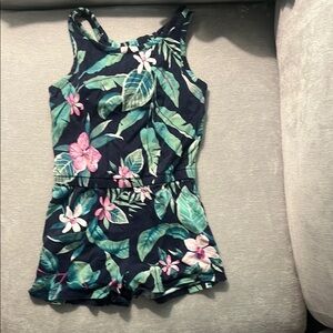 Old Navy Green and Pink Jumpsuit Vibrant Tropical Print
